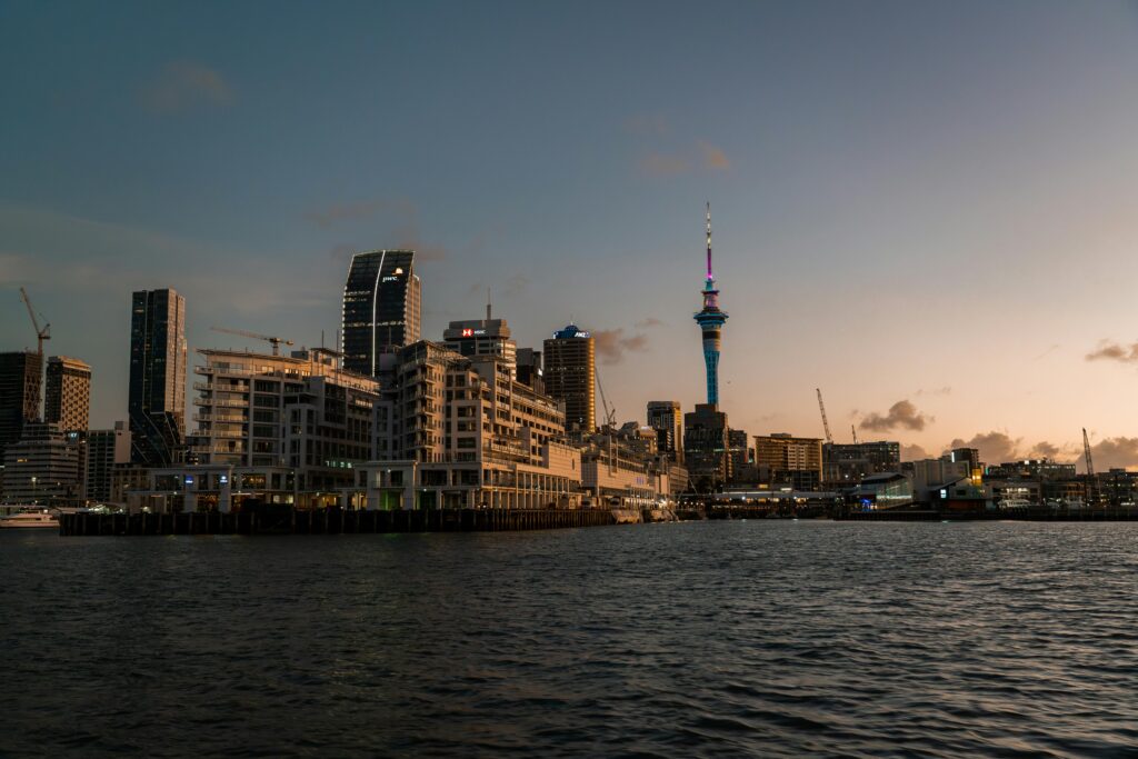Captivating view of Auckland's skyline featuring the Sky Tower at dusk.