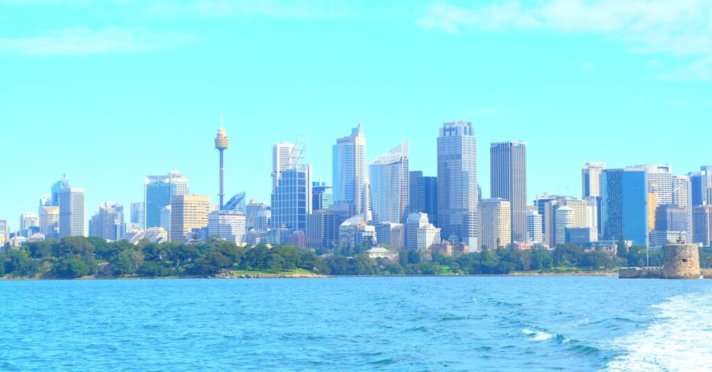 A stunning view of Sydney's skyline against a blue sky and waters.